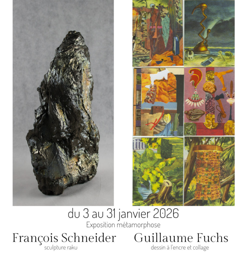 du 3 au 31 janvier 2026 Exposition métamorphose François Schneider,sculpture raku Guillaume Fuchs, dessin à l'encre et collage