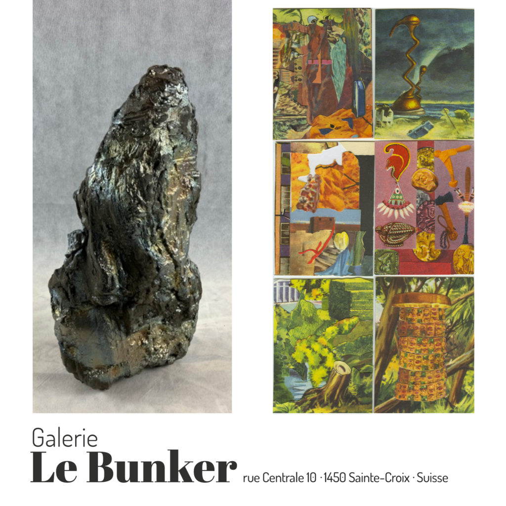 Exposition métamorphose François Schneider,sculpture raku Guillaume Fuchs, dessin à l'encre et collage